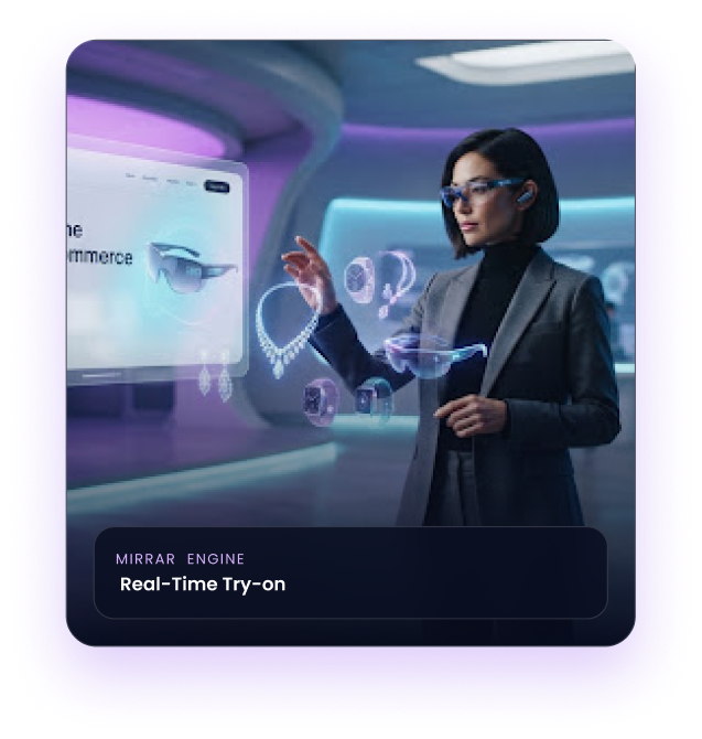 A woman in AR glasses browsing floating jewellery and watches beside a storefront — the MirrAR engine running real-time try-on