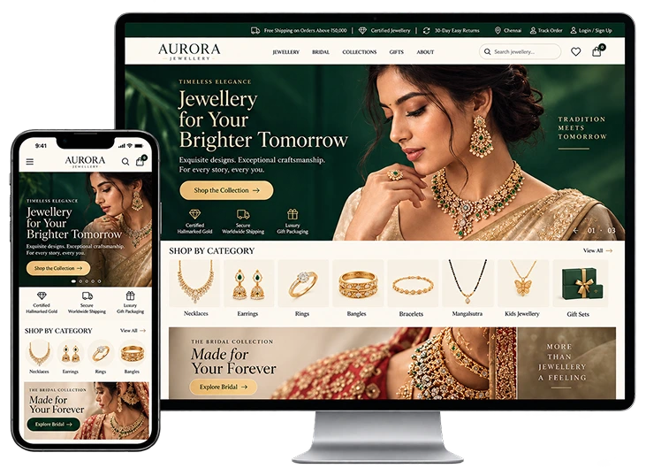 An Aurora Jewellery storefront built with MirrAR, on a desktop monitor and a phone