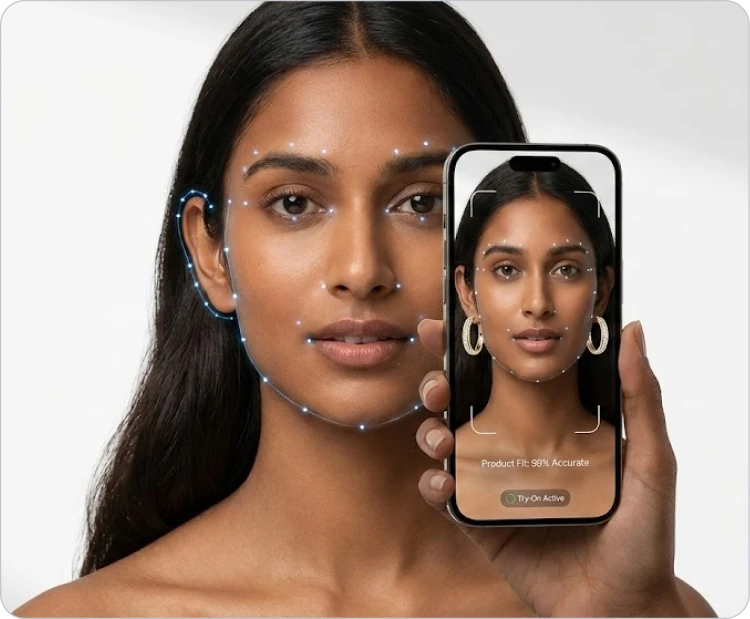 Face mapping tracking a shopper's features while a phone shows the try-on