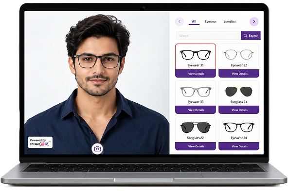 A customer trying on glasses in the MirrAR try-on on a laptop