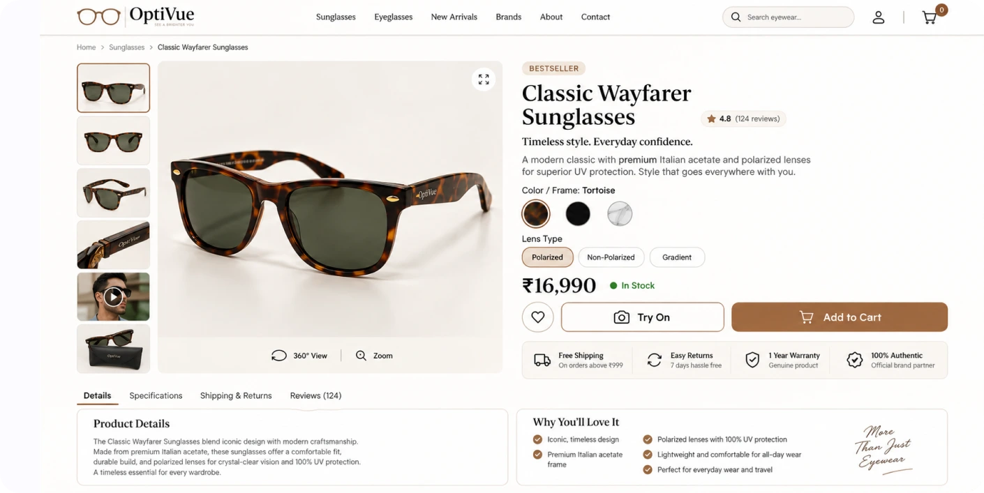 An OptiVue product page for Classic Wayfarer sunglasses with a Try On button