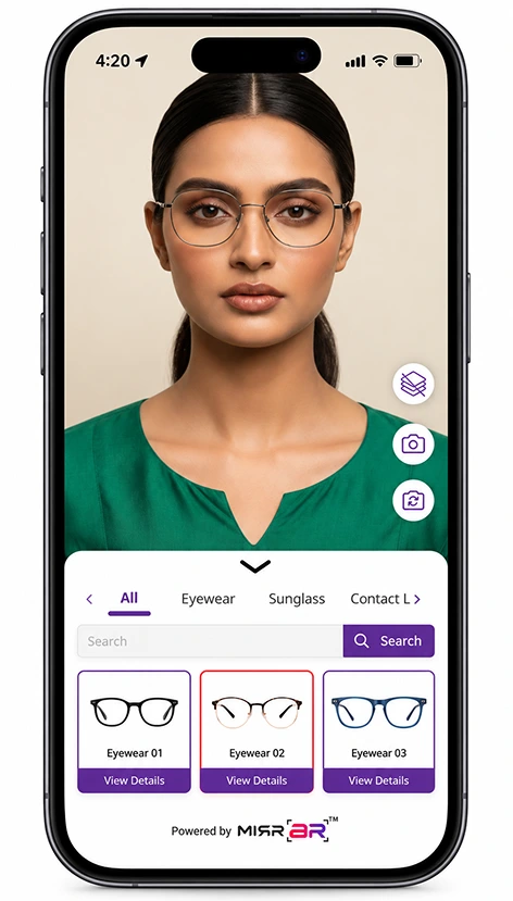 A woman trying on glasses in the MirrAR eyewear try-on on a phone