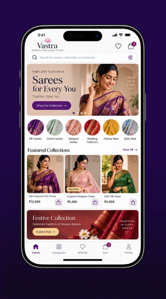 A saree storefront home screen with featured collections