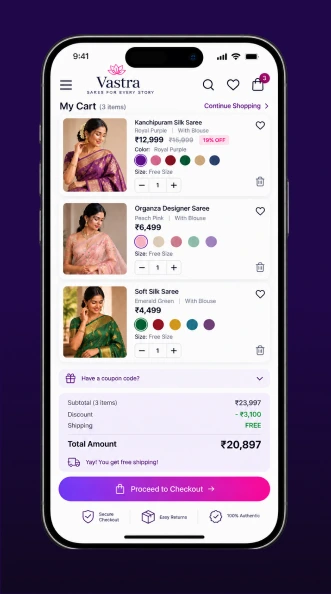 A cart holding three sarees, ready for checkout