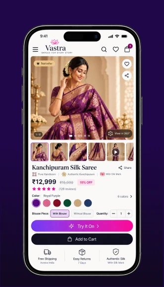 A saree product page with colour options and a Try It On button