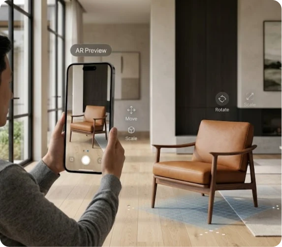 A man previewing a leather armchair in his living room through AR on his phone