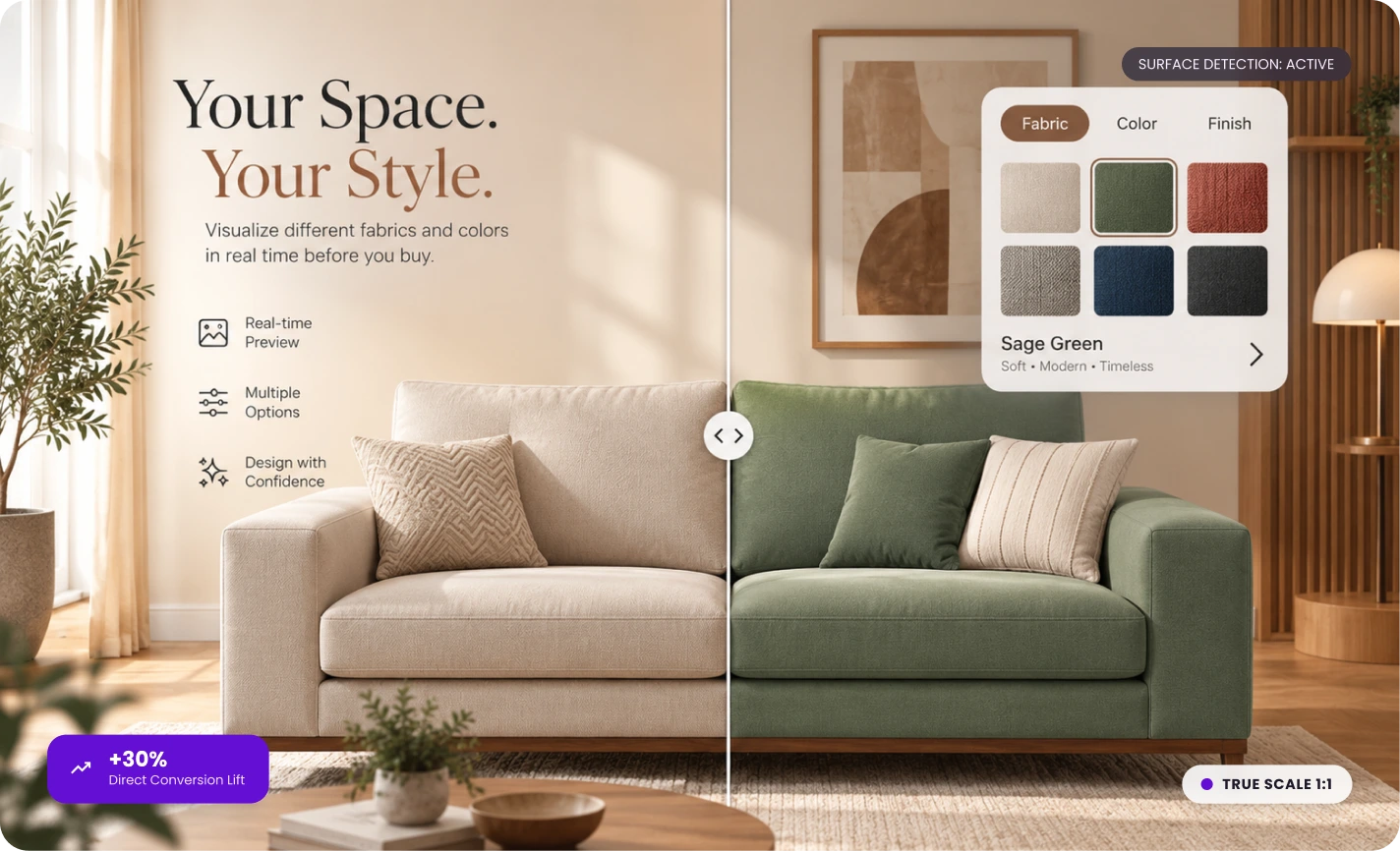 One sofa shown half in cream and half in sage green, with fabric, colour and finish swatches