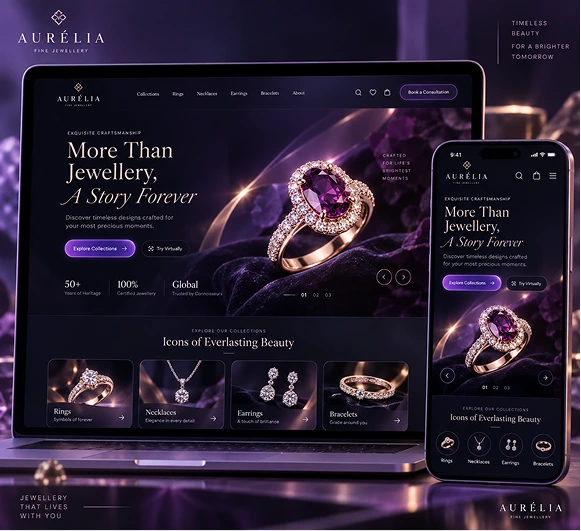 The Aurelia jewellery storefront built with MirrAR on a laptop and phone