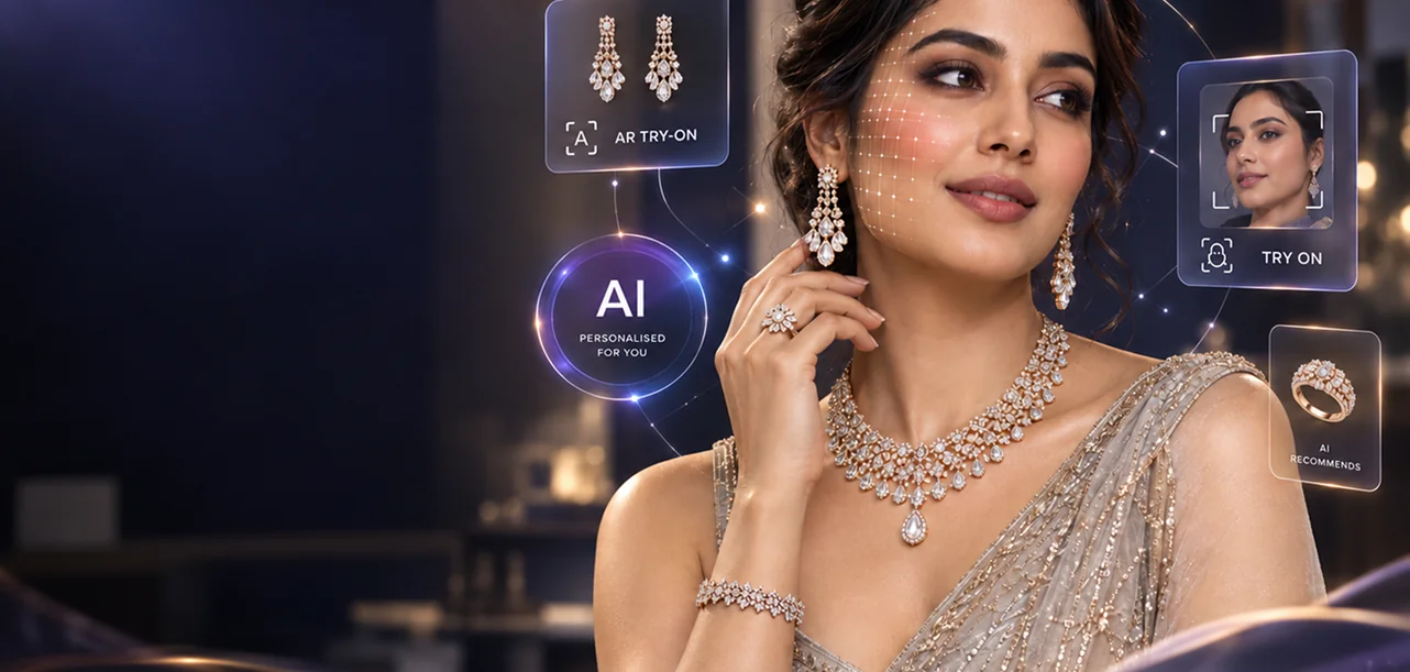 A model wearing a diamond necklace and earrings, with AR try-on panels around her