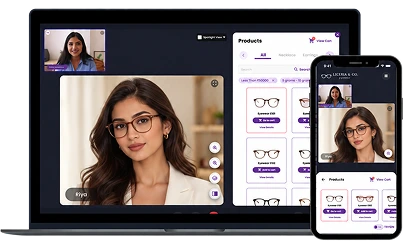 MirrAR Live on a laptop and phone: an expert on video beside glasses frames