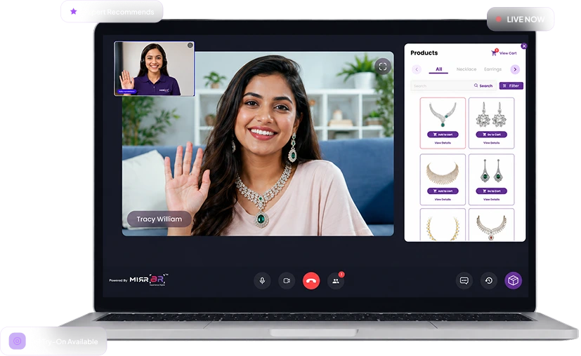 A MirrAR Live session on a laptop: a sales expert on video beside a panel of necklaces to try on