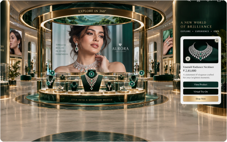 The Aurora jewellery store in 360°, with a model on screen and a necklace card offering Virtual Try-On