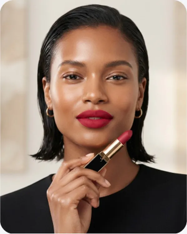 Studio portrait applying a red lipstick