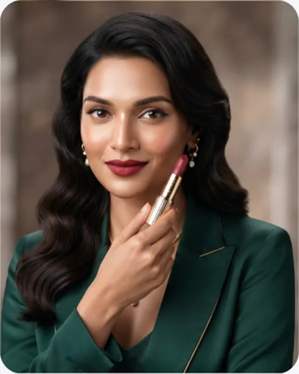Model in green applying lipstick