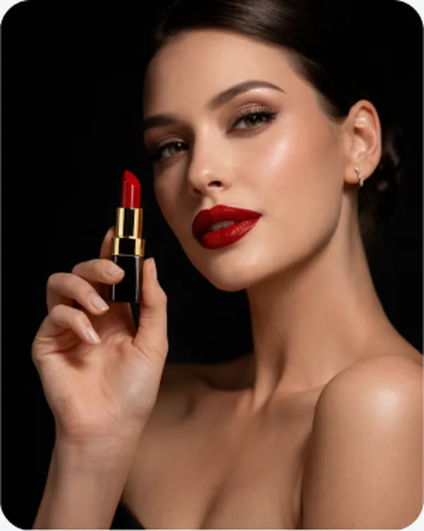 Model holding a lipstick against a dark ground