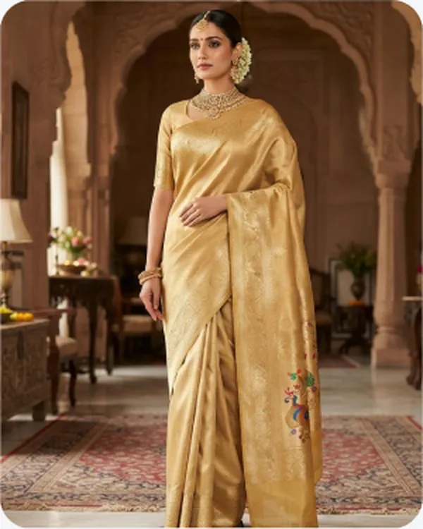 Model in a gold silk saree in a heritage interior