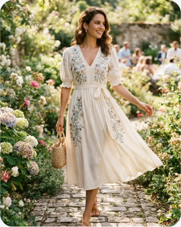 Model in a white dress on a garden path