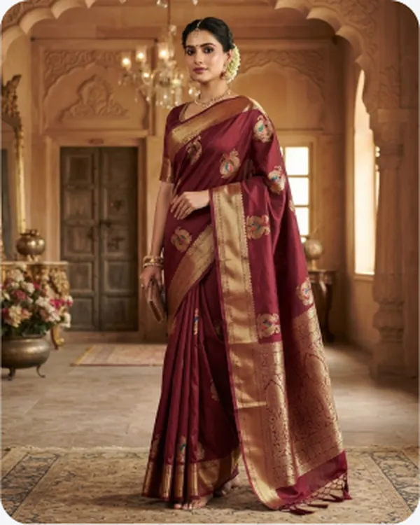 Model in a maroon and gold saree indoors