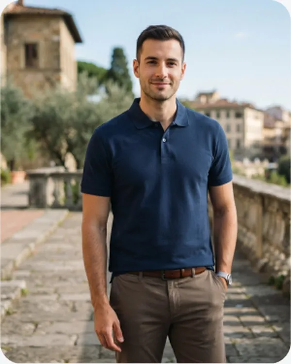 Man in a navy polo on a cobbled street