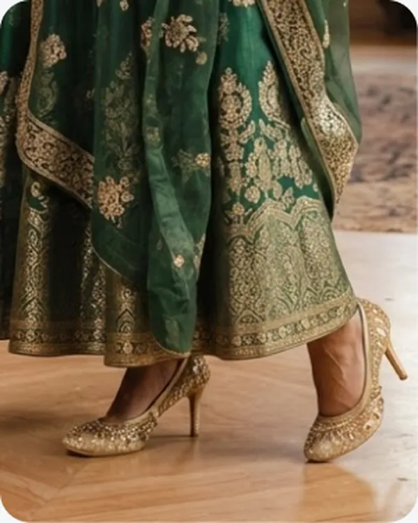 Gold flats under an embroidered lehenga