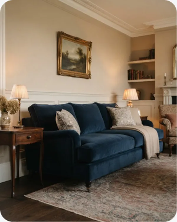 Navy sofa in a panelled living room