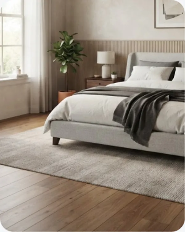 Upholstered bed in a warm bedroom