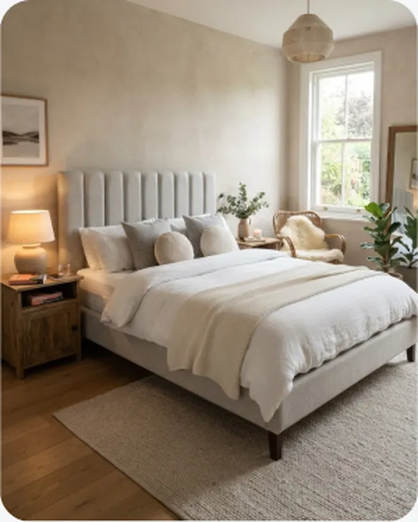 White bed in a calm sunlit bedroom