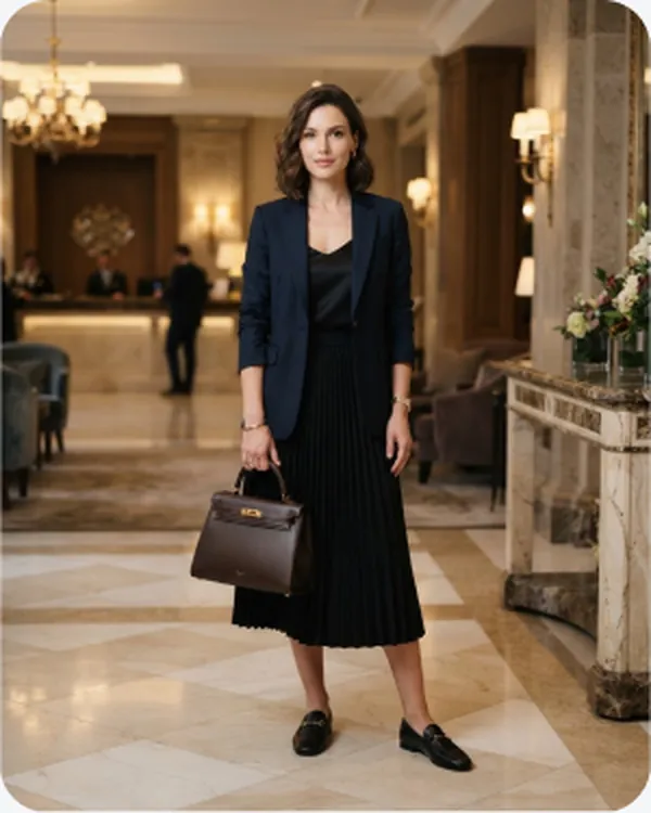 Woman with a black tote in a hotel lobby