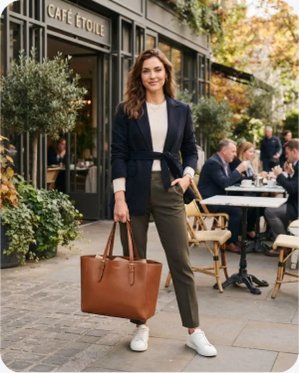 Woman with a tan tote on a city street