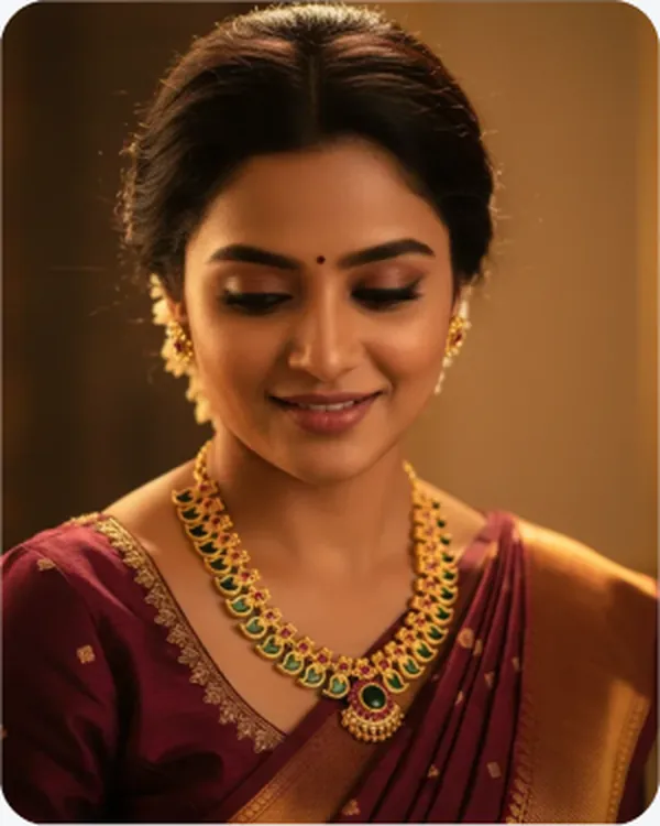 Model in a red sari wearing a gold choker