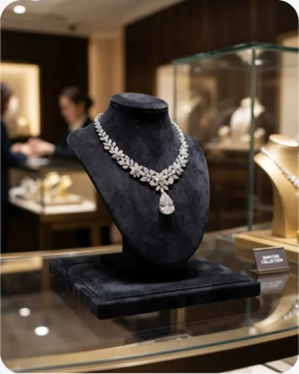 Diamond necklace on a bust in a boutique