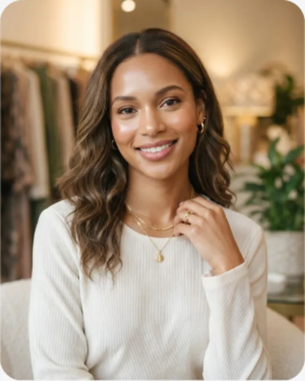 Model in white knitwear wearing a fine gold chain