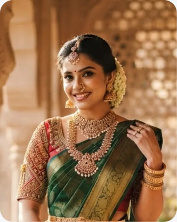 Bride in green and gold wearing layered necklaces