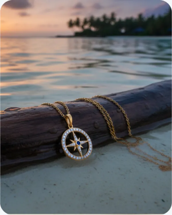 Compass pendant on driftwood at sunset