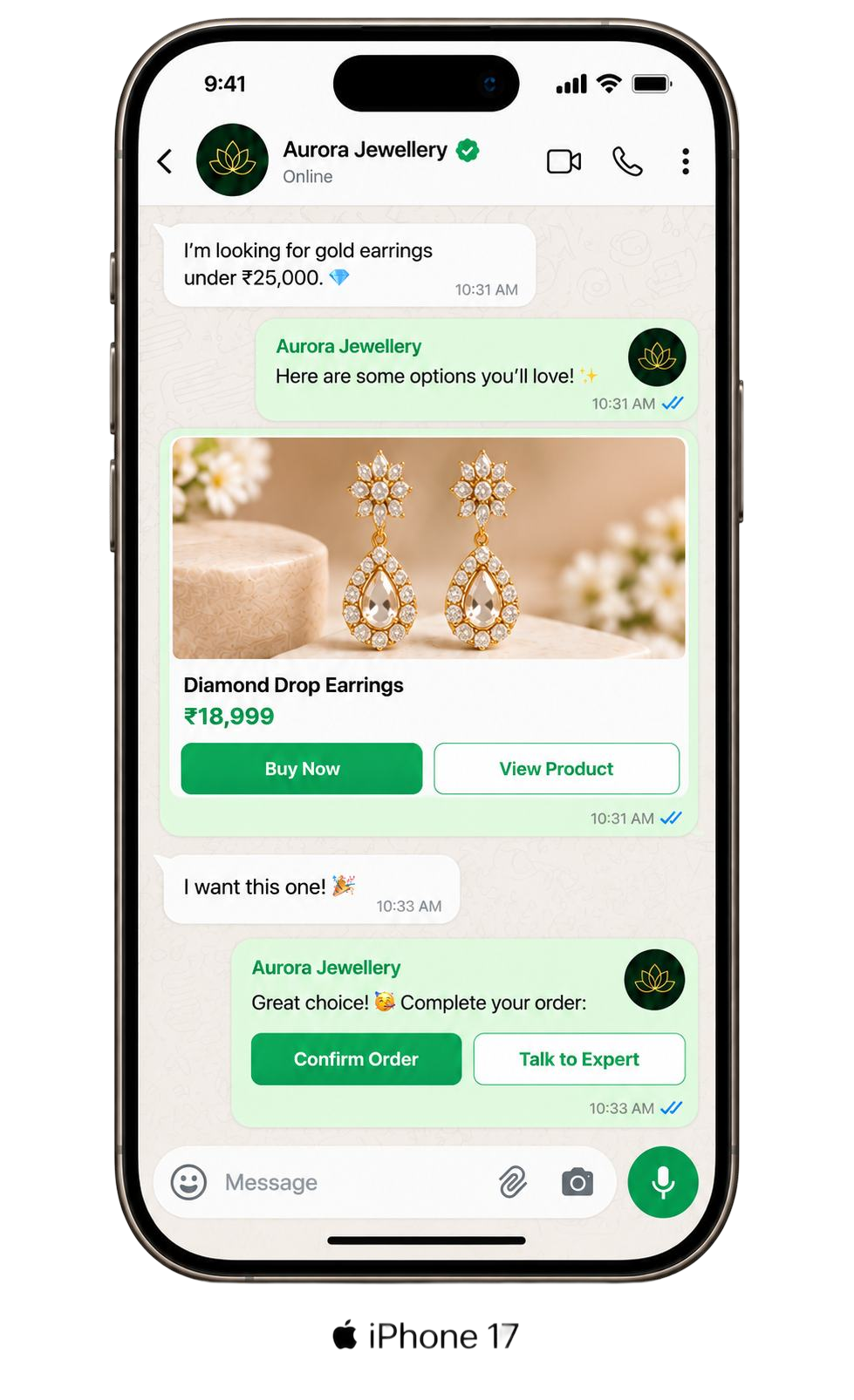 A customer asking for gold earrings in WhatsApp and confirming an order from the shop’s suggestions