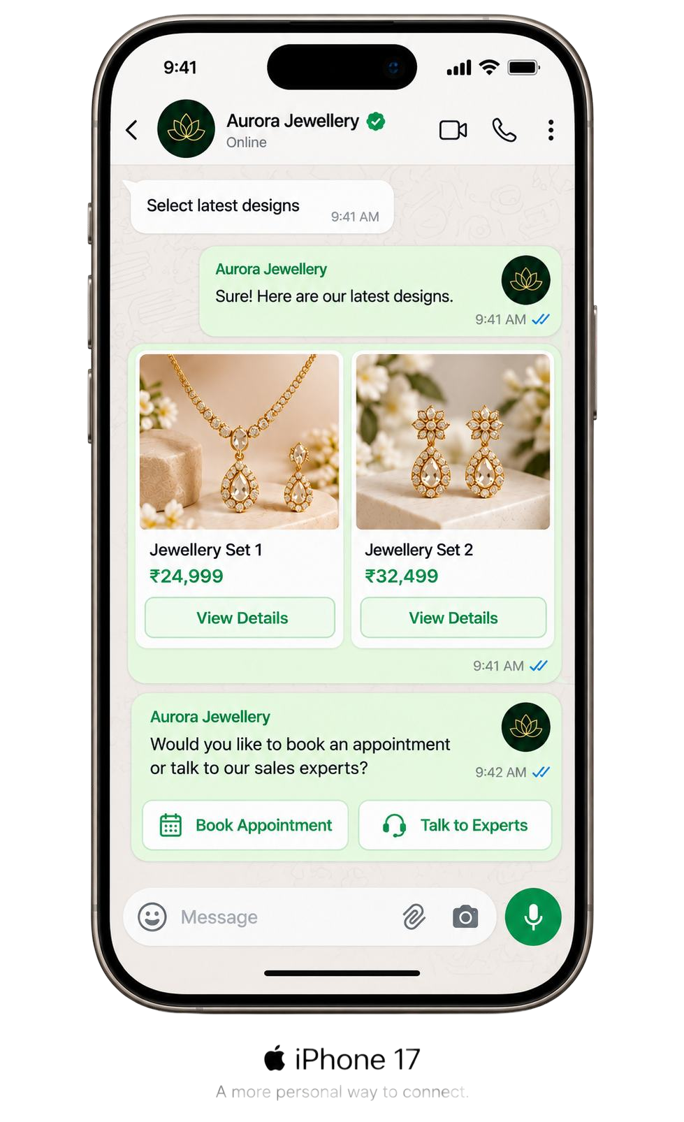 A jewellery shop chatting with a customer in WhatsApp, with product cards and booking buttons